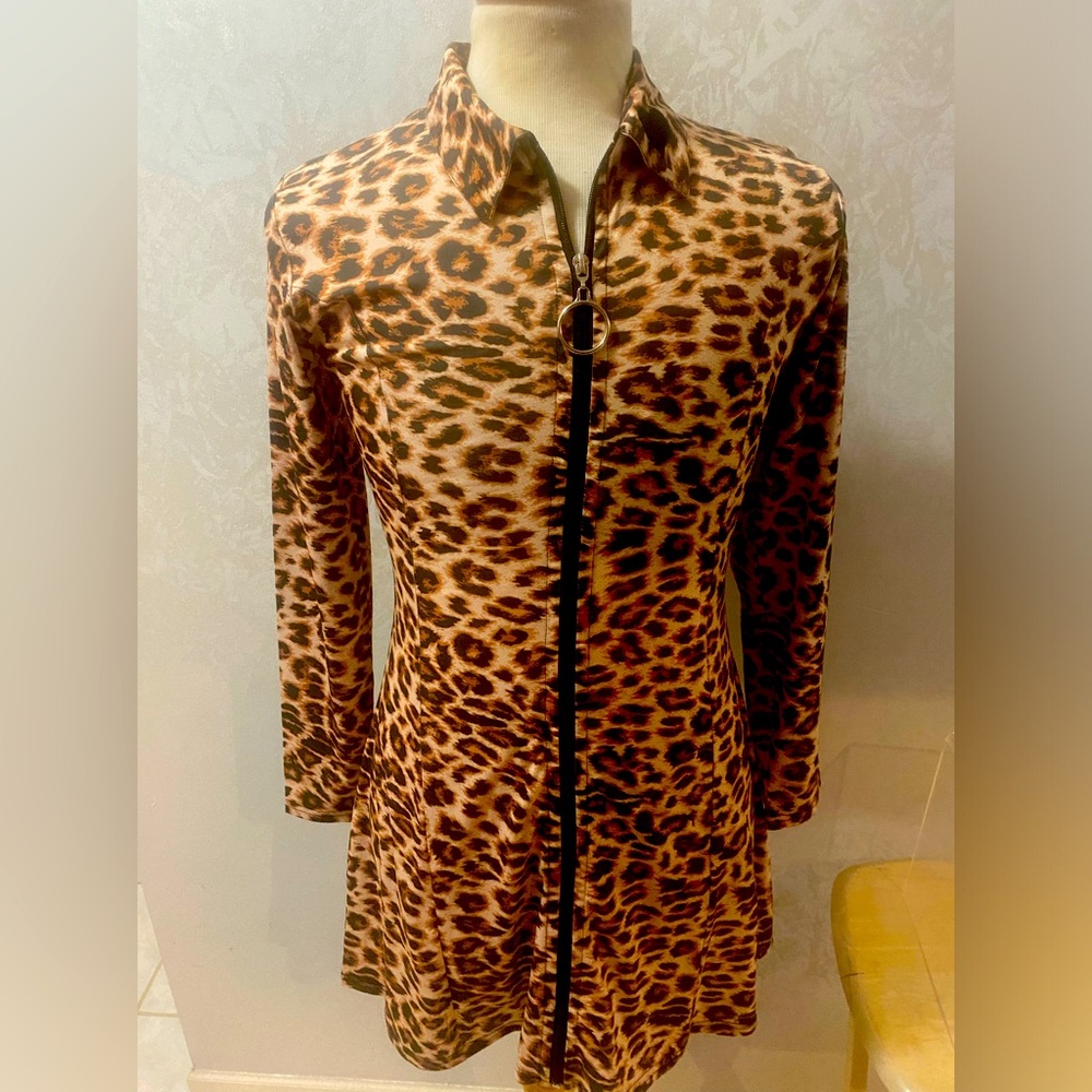 Black and Tan Mini Dress with 3/4 Sleeves and Mandarin Collar